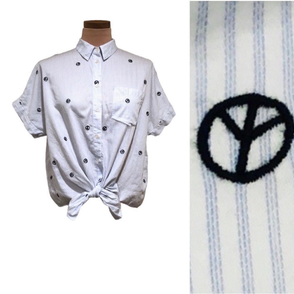 Madewell blue/white striped peace sign print tie front button up sz XS